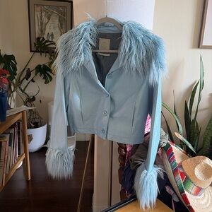 Urban Outfitters Light Blue Leather Jacket with Faux Fur